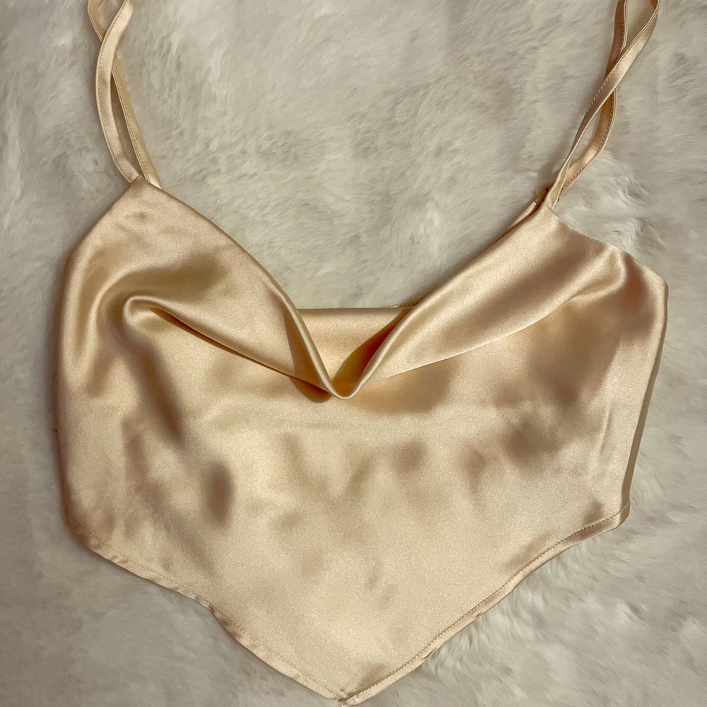 Gold/peach satin crop top blouse. Says It’s a small but fits an XS
